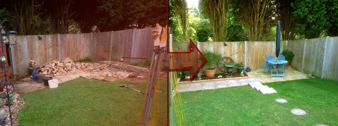 Before and after of a garden cleared and landscaped with a new patio by J Burgoyne Limited