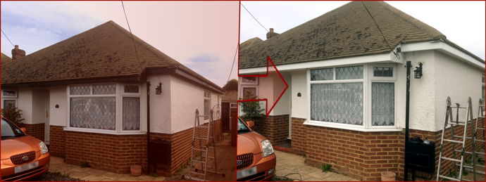 Before and after of a bungalow given new white uPVC fascias and render by J Burgoyne Limited